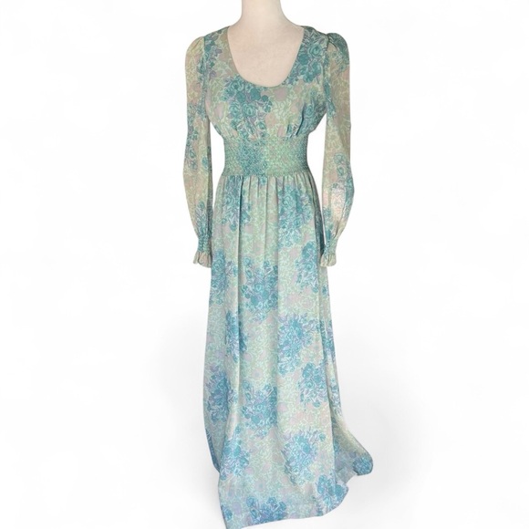 Vintage 70s Blue Floral Chiffon Maxi Dress Sheer Sleeves Empire Waist Boho S/M - Picture 1 of 5